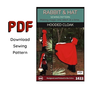 PDF Reversible Hooded Cloak 1622 New Rabbit and Hat Sewing Pattern - Renaissance, Medieval, Red Riding Hood, Cape, Halloween Costume Vampire