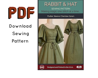 Vestido camisero con mangas abullonadas y cinturón con lazo de cuerda en tamaño grande en PDF 419 Patrón de costura de conejo y sombrero nuevo