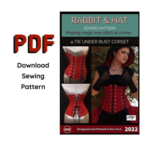 PDF 2X 4-TIE Triple Front and Back Tie Steel Boned Under Bust Corset 2022 Rabbit & Hat Sewing Pattern Instructions Photo Step by Step