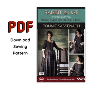 May include: A PDF sewing pattern titled "Rabbit & Hat" by Bonnie Sassenach. The pattern features a woman in a brown and blue plaid dress. The text "Download Sewing Pattern" is also visible. Designed and printed in the U.S.A.