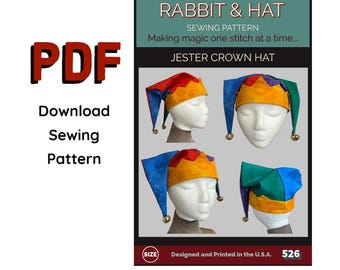 PDF Jester Crown Hat Fool Cap 526 New Rabbit and Hat Sewing Pattern - Includes 5 sizes Renaissance Women and Mens Clown Court Costume