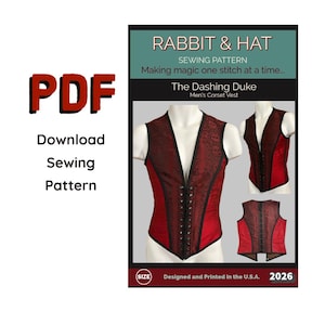 May include: A PDF sewing pattern titled Rabbit & Hat The Dashing Duke Corset Vest. The image displays a red and black corset vest with a front lace-up closure, shown from front and back angles on a mannequin, with text overlays and a 2026 label.