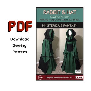 May include: A PDF sewing pattern for a Mysterious Fantasy costume. The image shows a green and black hooded gown with a corset. The text on the image reads "Rabbit & Hat Sewing Pattern" and "Download Sewing Pattern". Designed and printed in the U.S.A.