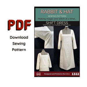 PDF 4X - Robe chemise droite Tudor Robe médiévale Renaissance 1322 Nouveau Patron de couture Lapin et chapeau Chemise de nuit femme