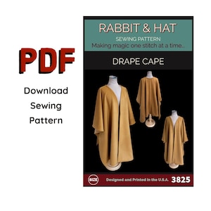 Puede incluir: Un patrón de costura en PDF para una capa drapeada. La imagen muestra tres capas de color marrón dorado exhibidas en maniquíes. El texto en la imagen dice "Rabbit & Hat Sewing Pattern" y "Drape Cape". El patrón está diseñado e impreso en EE. UU.