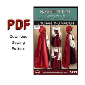 Könnte beinhalten: Ein Schnittmuster namens "Rabbit & Hat" mit einem "Enchanting Maiden" Design. Das Muster beinhaltet einen roten Kapuzenmantel, eine weiße Bluse und einen schwarz-roten Rock. Der Text "PDF Download Sewing Pattern" ist ebenfalls sichtbar.