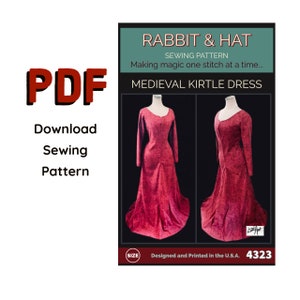 PDF Size 4X Medieval Kirtle Dress Gown 4323 New Rabbit and Hat Sewing Pattern Women&#39;s Historical Renaissance Faire Costume Garb Cosplay