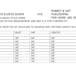 Puede incluir: Tabla de tallas para un vestido con mangas de vuelo. La tabla muestra las tallas XS a 5X con las medidas de busto, cadera y longitud correspondientes en pulgadas. El vestido mide 58 pulgadas de largo.