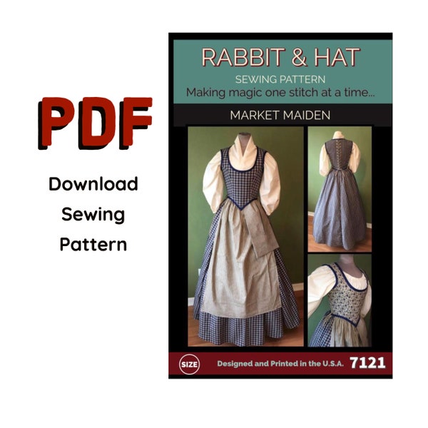 PDF Size 1X Market Maiden Bodice, Scarf, Chemise Top, Skirt, Apron, Tie on Pocket 7121 New Rabbit and Hat Sewing Pattern Medieval Garb