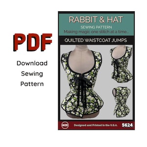 May include: A PDF sewing pattern for a quilted waistcoat jumpsuit. The pattern features a floral print waistcoat with a black trim and bow. The text on the pattern reads "Rabbit & Hat Sewing Pattern" and "Quilted Waistcoat Jumps". Designed and printed in the U.S.A.