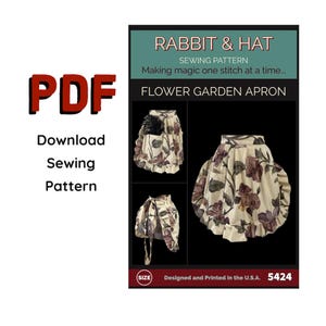 May include: A PDF sewing pattern for a Flower Garden Apron. The pattern includes images of the apron with a floral design in shades of purple and cream. Text on the image reads "Rabbit & Hat Sewing Pattern" and "Download Sewing Pattern."