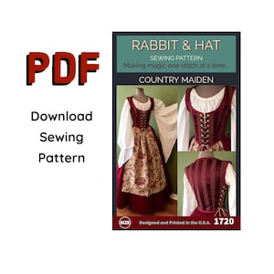 PDF Size SMALL Country Maiden Bodice, Fantasy Chemise Top, A-Line and Apron 1720 New Rabbit and Hat Sewing Pattern Medieval Renaissance SCA