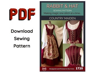 PDF Size MEDIUM Country Maiden Bodice, Fantasy Chemise Top, A-Line and Apron 1720 New Rabbit and Hat Sewing Pattern Medieval Renaissance SCA