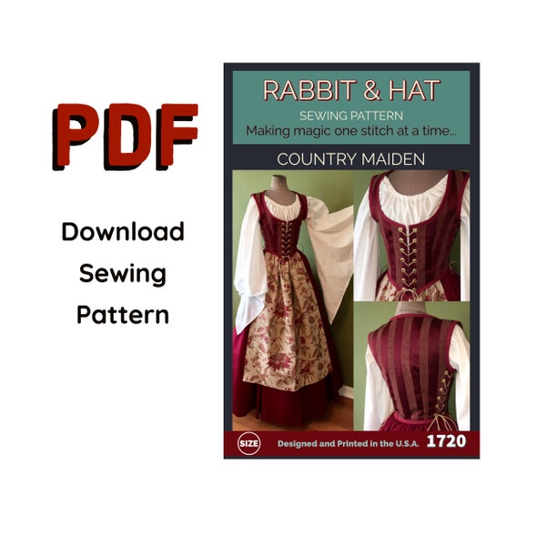 PDF Size MEDIUM Country Maiden Bodice, Fantasy Chemise Top, A-Line and Apron 1720 New Rabbit and Hat Sewing Pattern Medieval Renaissance SCA