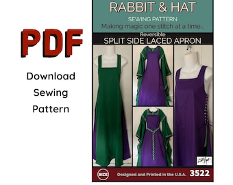 May include: A sewing pattern for a reversible split side laced apron. The pattern is for a green and purple apron with a square neckline and lace-up sides. The pattern is called "Rabbit & Hat" and is designed and printed in the U.S.A. The pattern number is 3522.