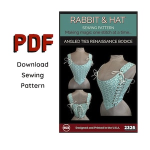 May include: A PDF sewing pattern for an angled ties renaissance bodice titled Rabbit & Hat. The pattern features a light blue floral print bodice with white lacing and ties, shown on a mannequin from the front, side, and back views.