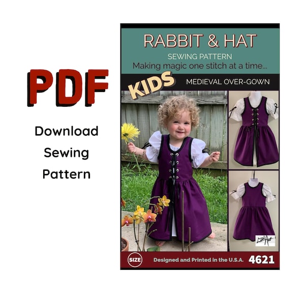 Size XL 9/10 - PDF Youth Child Girls Kids Medieval Over Gown 4621 New Rabbit and Hat Sewing Pattern Renaissance Dress Costume Princess