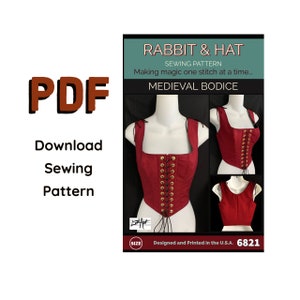 PDF 5X Medieval Bodice with Front Ties and Adjustable Shoulder 6821 New Rabbit & Hat Sewing Pattern Detailed Instructions Photo Step by Step