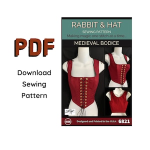 PDF 5X Medieval Bodice with Front Ties and Adjustable Shoulder 6821 New Rabbit & Hat Sewing Pattern Detailed Instructions Photo Step by Step