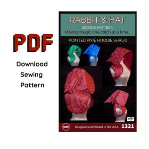 Può includere: Modello di cucito PDF per un cappuccio pixie a punta, intitolato "Rabbit & Hat: Making magic one stitch at a time..." Il modello mostra un cappuccio rosso con un cappuccio a punta, e una versione più piccola del cappuccio in rosso, blu e verde.