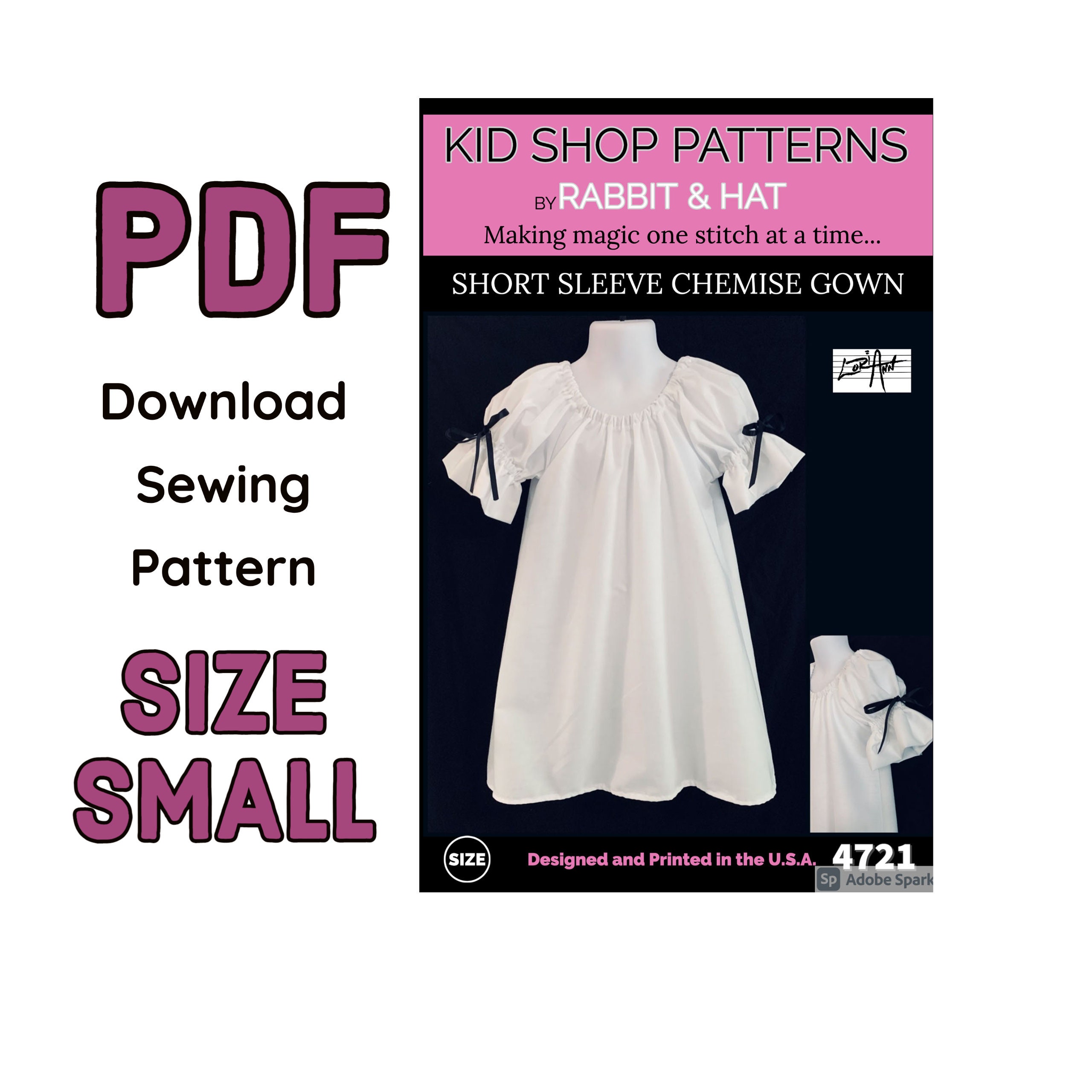 Size SMALL 4T - PDF Toddler Child Girls Kids Short Sleeve Chemise Night Gown 4721 New Rabbit and Hat Sewing Pattern  Step by Step Photos