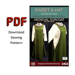May include: A sewing pattern for a medieval surcoat with side gores. The pattern includes a green surcoat with white sleeves and brown trim. The text "RABBIT & HAT" and "MEDIEVAL SURCOAT" are visible. The image also includes the text "PDF Download Sewing Pattern".