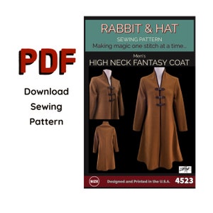 PDF Size XL - Elvish Men's High Neck Fantasy Coat 4523 New Rabbit and Hat Sewing Pattern Renaissance Medieval Tunic Jacket