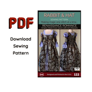PDF Size XL Renaissance Romance Empire Waist Over-Gown with Arm Cuffs 122 New Rabbit & Hat Sewing Pattern Renaissance Dress Costume