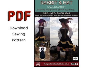 PDF size MEDIUM Siren of the High Seas Pirate Shirt Corset High Low Skirt w/ Hikes Bloomers 8021 New Rabbit and Hat Sewing Pattern Buccaneer