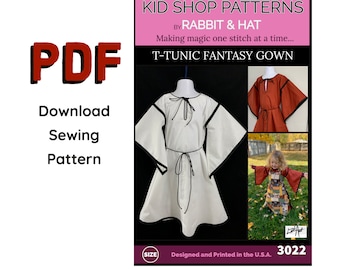 PDF Size LARGE Child Girls Kids T-Tunic Fantasy Chemise Dress Gown 3022 Rabbit and Hat Sewing Pattern Costume Renaissance Medieval Garb