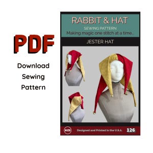 Könnte beinhalten: Ein PDF-Schnittmuster für einen Narrenhut. Das Bild zeigt einen rot-goldenen Narrenhut auf einem Schaufensterkopf. Der Text auf dem Bild lautet "Rabbit & Hat Sewing Pattern" und "Making magic one stitch at a time..."