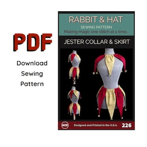 May include: A PDF sewing pattern for a Jester Collar & Skirt. The image shows a mannequin wearing a red and gold jester collar and skirt. The text on the image reads "Rabbit & Hat Sewing Pattern" and "Download Sewing Pattern". Designed and printed in the U.S.A.