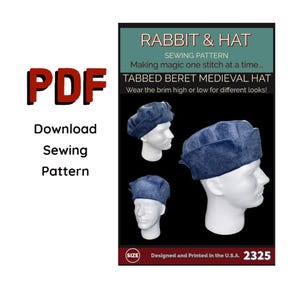 Puede incluir: Un patrón de costura PDF para un gorro medieval con solapas. La imagen muestra el sombrero en tela azul sobre cabezas de maniquí. El texto incluye "Rabbit & Hat" y "Download Sewing Pattern". Diseñado e impreso en EE. UU.