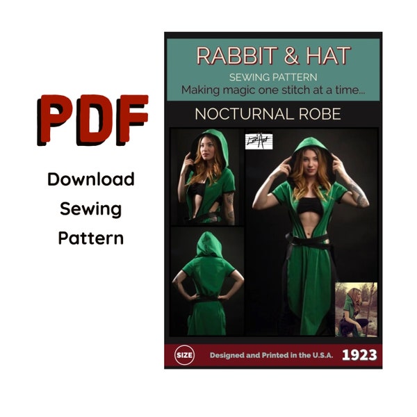 PDF Size LARGE Nocturnal Tunic Low V-Front Neckline Short Sleeve Hooded Over Gown 1923 New Rabbit and Hat Sewing Pattern - Cosplay Robe