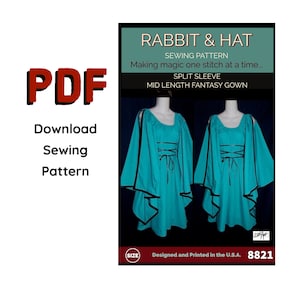 May include: PDF sewing pattern for a split sleeve mid-length fantasy gown. The pattern includes instructions for making a matching hat. The pattern is designed and printed in the U.S.A. and has the number 8821.