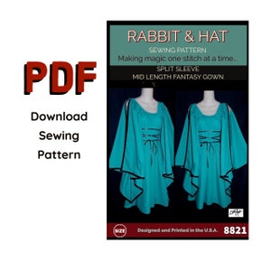 PDF Size XS Split Sleeve Mid Length Fantasy Chemise Dress Gown 8821 New Rabbit and Hat Sewing Pattern Medieval Renaissance Toga