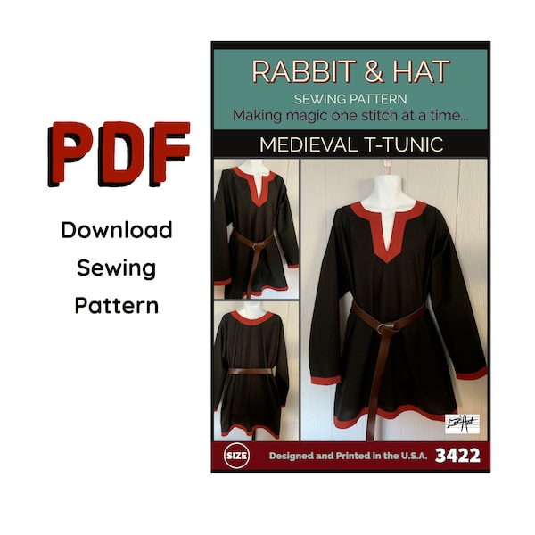 PDF Plus Size 3X - MENS T-Tunic Shirt Medieval Renaissance Garb Top 3422 New Rabbit and Hat Sewing Pattern Viking Norse Costume Cosplay