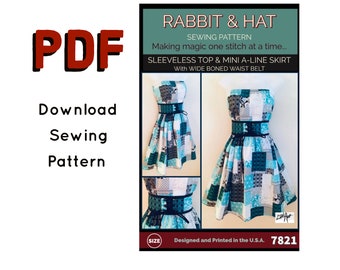 PDF Size SMALL Sleeveless Top, Mini A-line Skirt, Wide Waist Belt 7821 New Rabbit & Hat Sewing Patterns Womens Ladies Instant Download