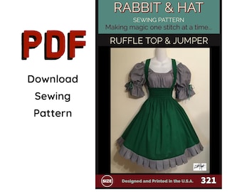 May include: PDF download for a sewing pattern of a green and grey ruffle top and jumper. The pattern is titled "Rabbit & Hat Sewing Pattern: Making magic one stitch at a time... Ruffle Top & Jumper". The pattern number is 321.