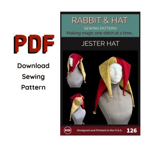 May include: A PDF sewing pattern for a Jester Hat. The image shows a red, gold, and white jester hat on a mannequin head. The text on the image reads "Rabbit & Hat Sewing Pattern" and "Making magic one stitch at a time..."