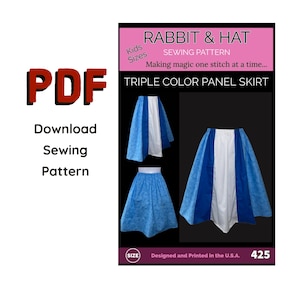 Peut inclure: Patron de couture PDF pour une jupe à panneaux triple couleur. Le patron est pour les tailles d'enfants et présente un motif de lapin et de chapeau. Le patron est intitulé "Rabbit & Hat Sewing Pattern" et "Triple Color Panel Skirt". Le patron est conçu et imprimé aux États-Unis et porte le numéro de taille 425.
