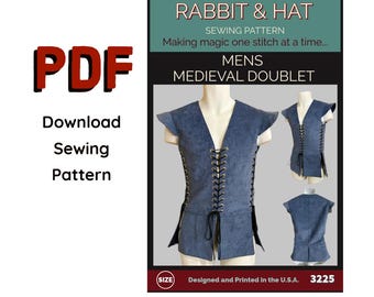PDF LARGE Mens Medieval Doublet 3225 New Rabbit & Hat Sewing Pattern Renaissance Pirate Vest LARP Musketeer Elvish Fantasy Jerkin
