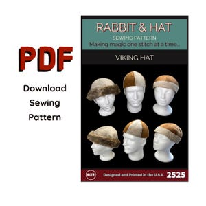 May include: A PDF sewing pattern for Viking hats. The image shows six different hat designs on mannequin heads. The hats vary in color and style, including fur trim and patterned bands. The text reads "Rabbit & Hat Sewing Pattern".
