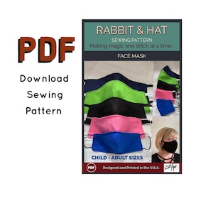 Puede incluir: Patrón de costura PDF para una mascarilla facial con un diseño de conejo y sombrero. El patrón incluye instrucciones para hacer tallas para niños y adultos. La imagen muestra una variedad de mascarillas faciales coloridas.