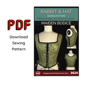 Peut inclure: Un patron de couture pour un corsage de jeune fille avec un motif de tissu vert et noir représentant des abeilles. Le patron est intitulé "Rabbit & Hat Sewing Pattern" et "Maiden Bodice". Le numéro du patron est 3624.