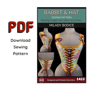 PDF SIZE 1X Milady Bodice Front and Back Tie Over Bust Bodice Corset w/Stomacher and Modesty Panel 1423 Rabbit and Hat Sewing Pattern