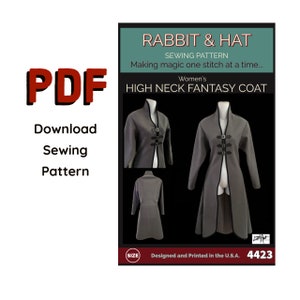May include: A sewing pattern for a high neck fantasy coat. The pattern is for women and includes instructions for making a coat with a high neck, long sleeves, and a fitted waist. The pattern is designed and printed in the USA. The pattern number is 4423.