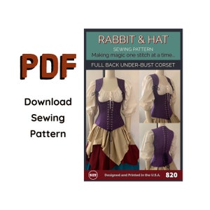 May include: A sewing pattern for a full back under-bust corset, with a purple bodice and a white blouse. The pattern is called "Rabbit & Hat" and is designed and printed in the U.S.A.