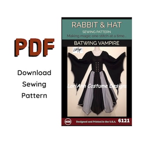 May include: A PDF sewing pattern for a batwing vampire costume. The pattern includes instructions for making a black dress with batwing sleeves and a grey skirt. The pattern is designed and printed in the USA.