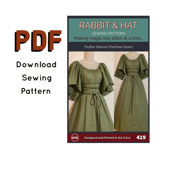 PDF Size SMALL Flutter Sleeve Chemise Gown with Rope Tie Belt 419 New Rabbit & Hat Sewing Pattern